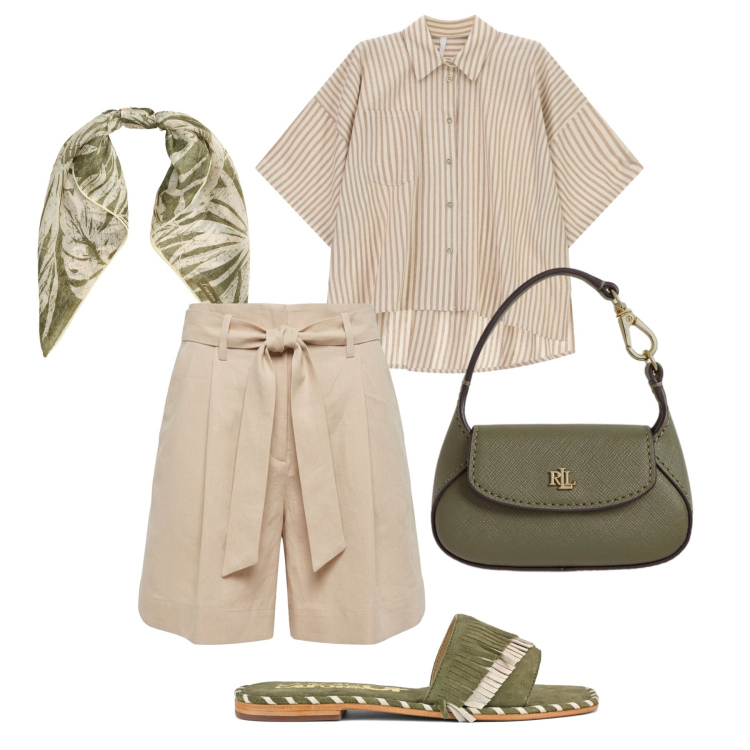 Outfit donna - La freschezza del lino. Stile Urban per Tutti i giorni. Abbinamento con camicie a manica corta, bermuda, borse a mano, foulard, ciabatte.