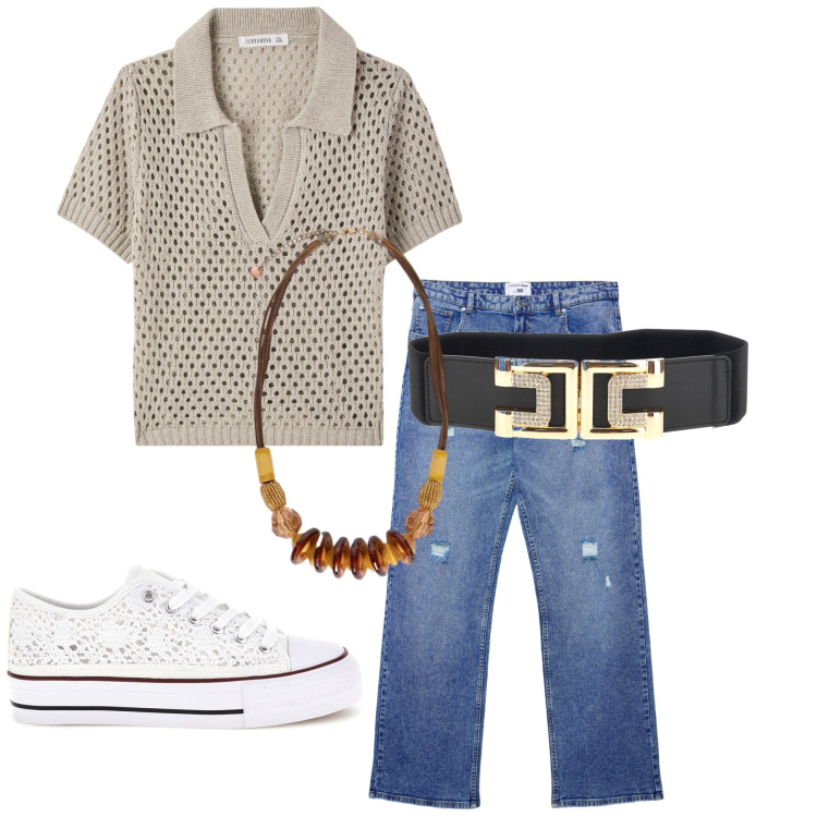 Outfit donna - Total look #2414570. Stile Basic per Tutti i giorni. Abbinamento con polo, jeans strappati, collane, cinture, sneakers.