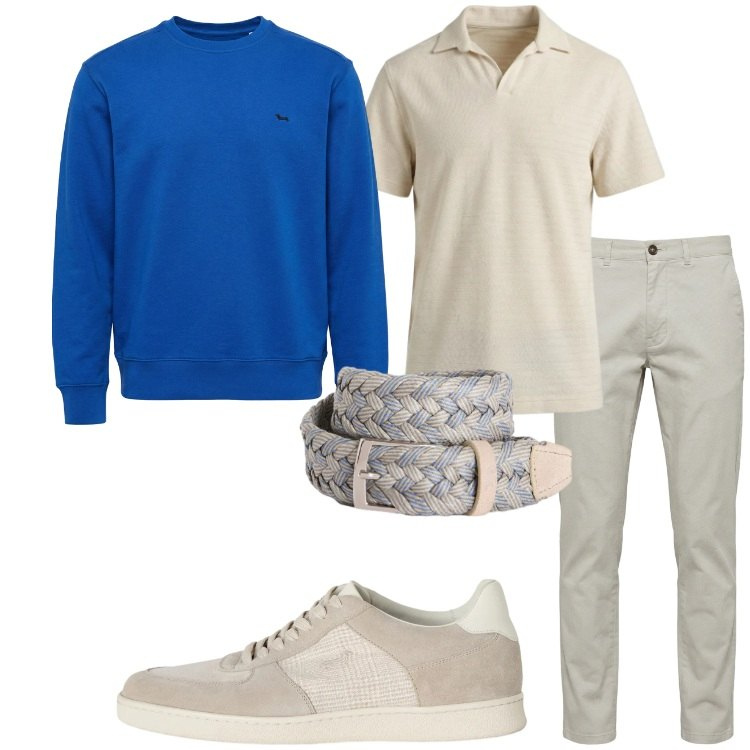 Outfit uomo - Colori mediterranei. Stile Casual per Ufficio. Abbinamento con felpe, sneakers, pantaloni, polo, cinture.