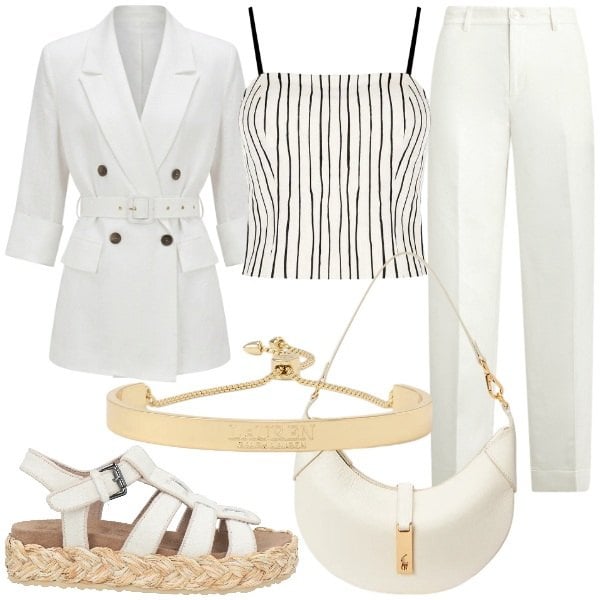 Outfit donna - Lino protagonista. Stile Glamour per Serata fuori. Abbinamento con espadrillas, blazer, canottiere, pantaloni, borse a spalla, braccialetti.