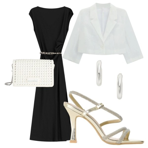 Outfit donna - Total look #2414575. Abbinamento con blazer, sandali col tacco, vestiti midi/longuette, borse a tracolla, orecchini.