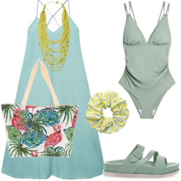 Outfit donna - Total look #2414576. Stile Etnico per Mare. Abbinamento con costumi interi, accessori per capelli, vestiti lunghi, collane, ciabatte, borse tote.