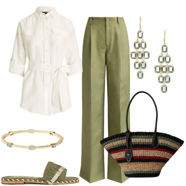Outfit donna - Total look #2414577. Stile Casual chic per Serata fuori. Abbinamento con camicie, borse tote, braccialetti, pantaloni, orecchini, ciabatte.