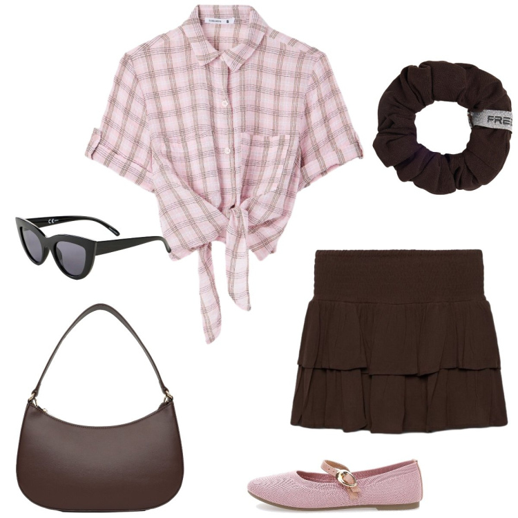 Outfit donna - Total look #2414579. Stile Vintage retrò per Tutti i giorni. Abbinamento con occhiali da sole, camicie a manica corta, borse a tracolla, minigonne, accessori per capelli, ballerine.