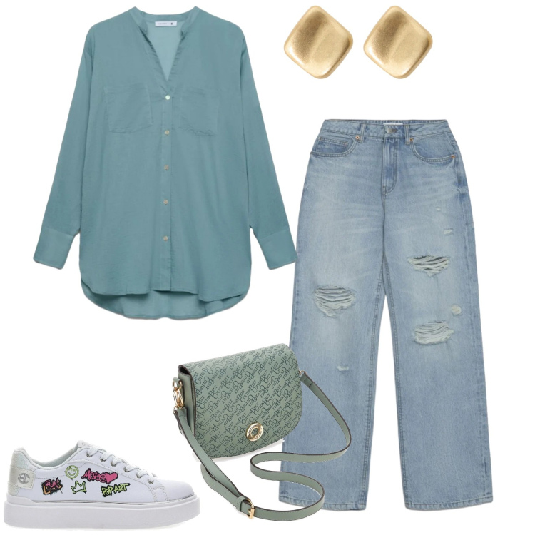 Outfit donna - Camicia e Jeans. Stile Casual chic per Tutti i giorni. Abbinamento con camicie, jeans strappati, orecchini, sneakers, borse a tracolla.
