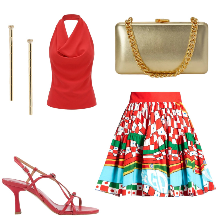 Outfit donna - Rosso di sera. Stile Chic per Serata fuori. look ideale per Petite. Abbinamento con minigonne, sandali in pelle, canottiere, orecchini, clutch.