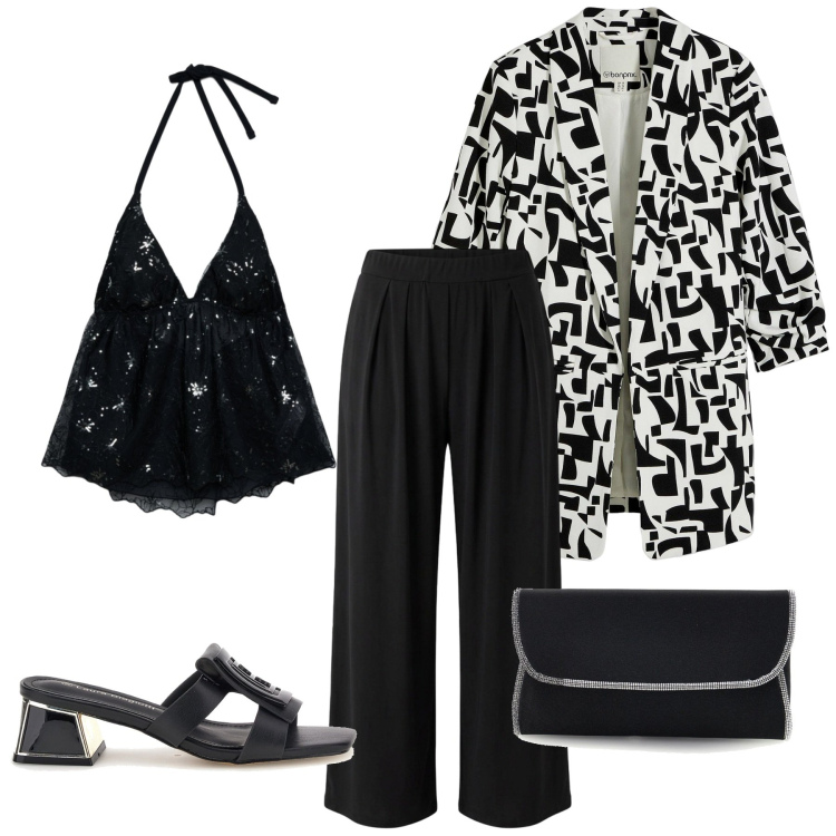 Outfit donna - Total look #2414587. Stile Chic per Serata fuori. Abbinamento con blazer, top, pantaloni, pochette, scarpe col tacco.