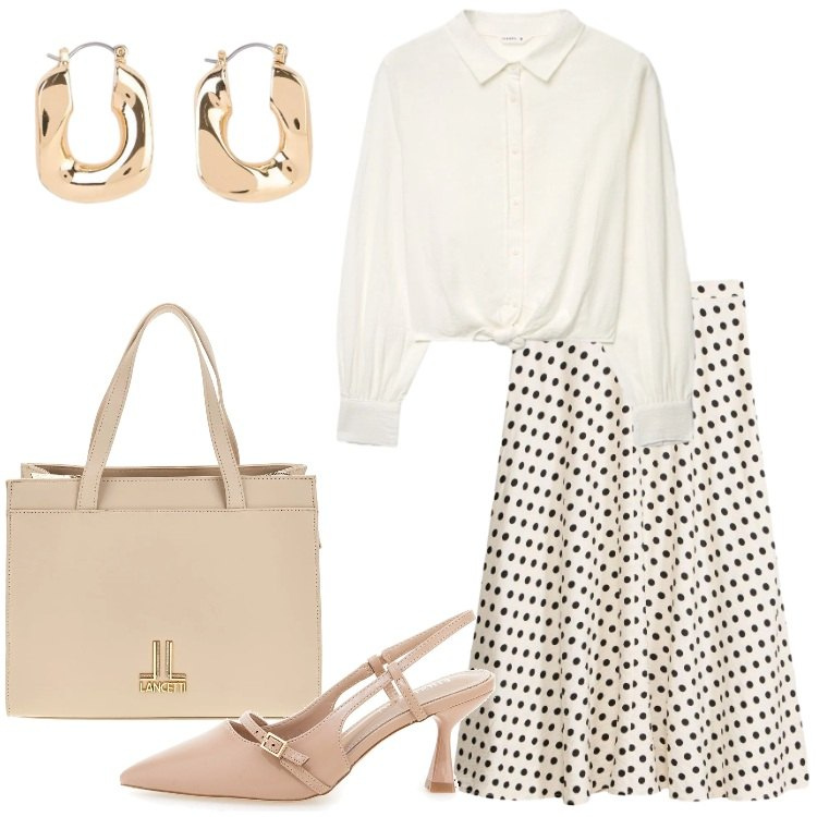 Outfit donna - Pranzo elegante. Stile Bon Ton per Tutti i giorni. Abbinamento con orecchini, gonne longuette, camicie, décolleté, borse a tracolla.