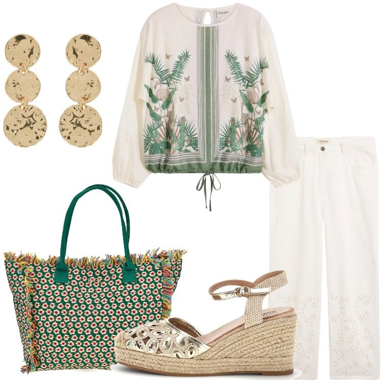 Outfit donna - Prime sere d’estate. Stile Boho per Serata fuori. Abbinamento con tuniche, pantaloni, orecchini, shopping bag, zeppe.