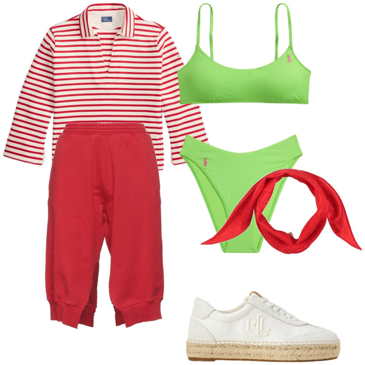 Outfit donna - Total look #2414590. Stile Casual per Mare. Abbinamento con pantaloni sportivi, sciarpe, sneakers, t-shirt, bikini, bikini.