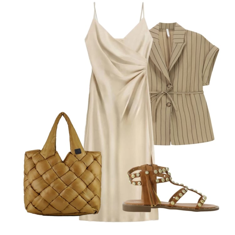 Outfit donna - Total look #2414591. Stile Casual per Serata fuori. Abbinamento con blazer, vestiti midi/longuette, sandali, borse tote.