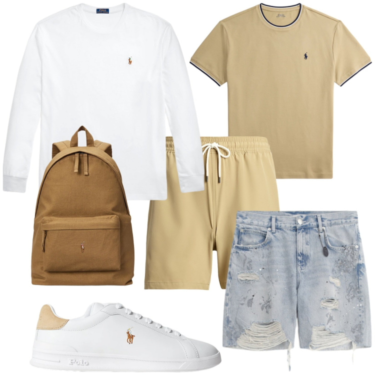 Outfit uomo - Simone. Stile Trendy per Mare. Abbinamento con bermuda, sneakers, t-shirt, costumi, borse sportive, t-shirt.