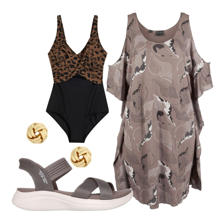 Outfit donna - Nuova stagione al mare. Stile Sporty chic per Mare. Abbinamento con costumi interi, vestiti da spiaggia, orecchini, sandali.