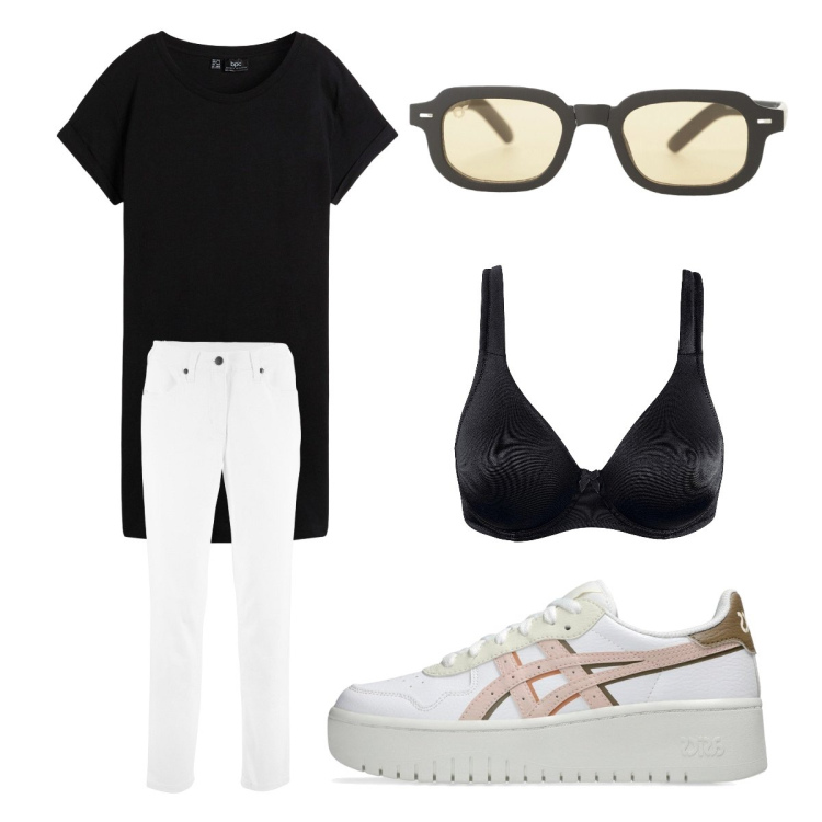 Outfit donna - Bonprix Spring vibes. Stile Basic per Tutti i giorni. Abbinamento con pantaloni, t-shirt, reggiseni, occhiali da sole, sneakers.