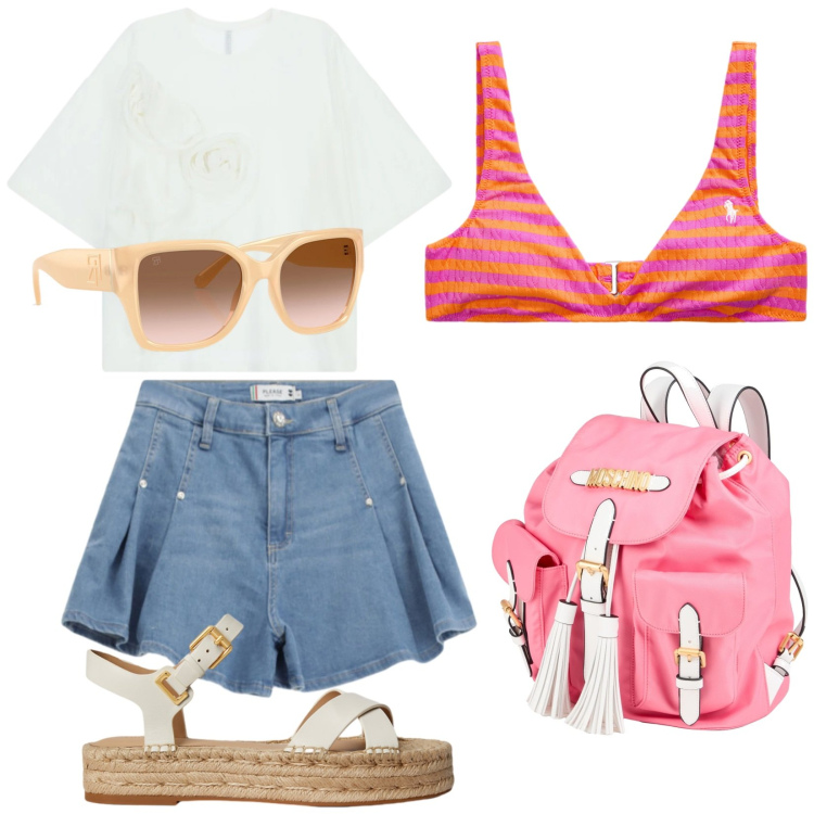 Outfit donna - Simona. Stile Trendy per Mare. Abbinamento con zaini, t-shirt, shorts, occhiali da sole, espadrillas, bikini.