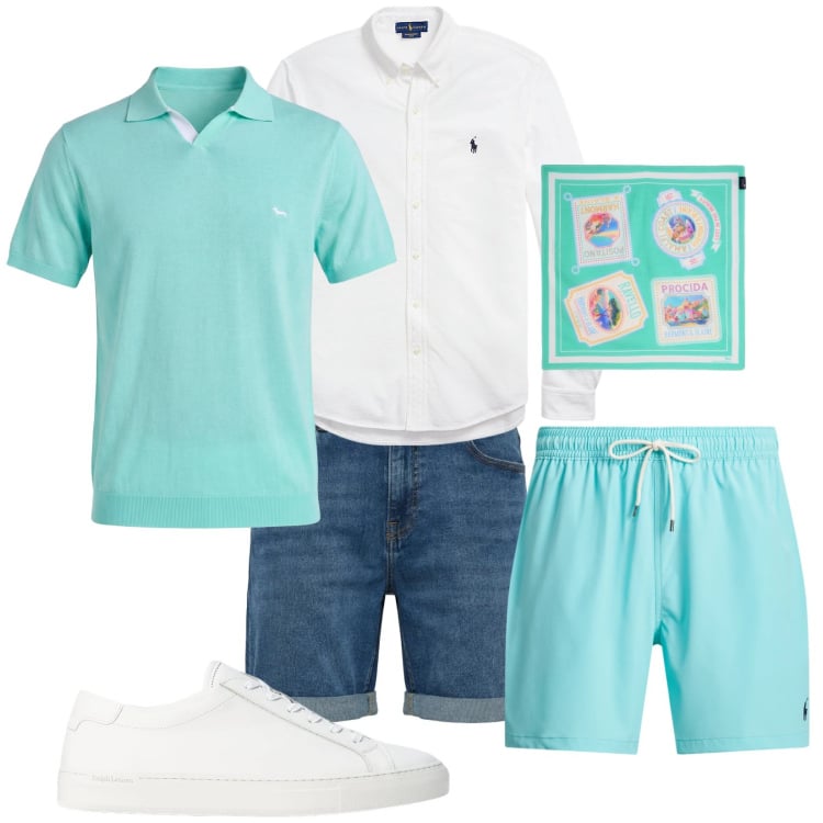 Outfit uomo - Isole campane. Stile Trendy per Mare. Abbinamento con polo, sciarpe e foulard, bermuda, camicie, sneakers, costumi.