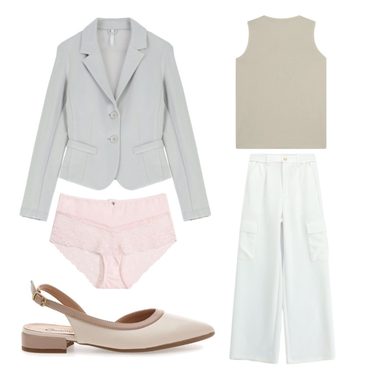 Outfit donna - Blazer + pantaloni. Stile Urban per Ufficio. Abbinamento con culotte, blazer, pantaloni cargo, canottiere, ballerine.