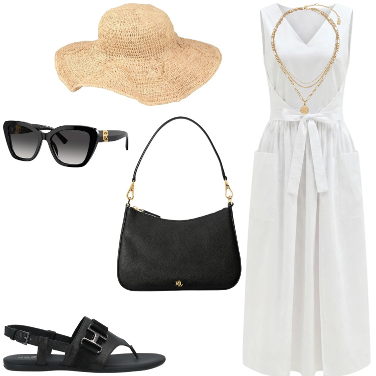 Outfit donna - L\'estate e il bianco. Stile Chic per Tutti i giorni. Abbinamento con cappelli, infradito, vestiti lunghi, occhiali da sole, ciondoli, borse a spalla.