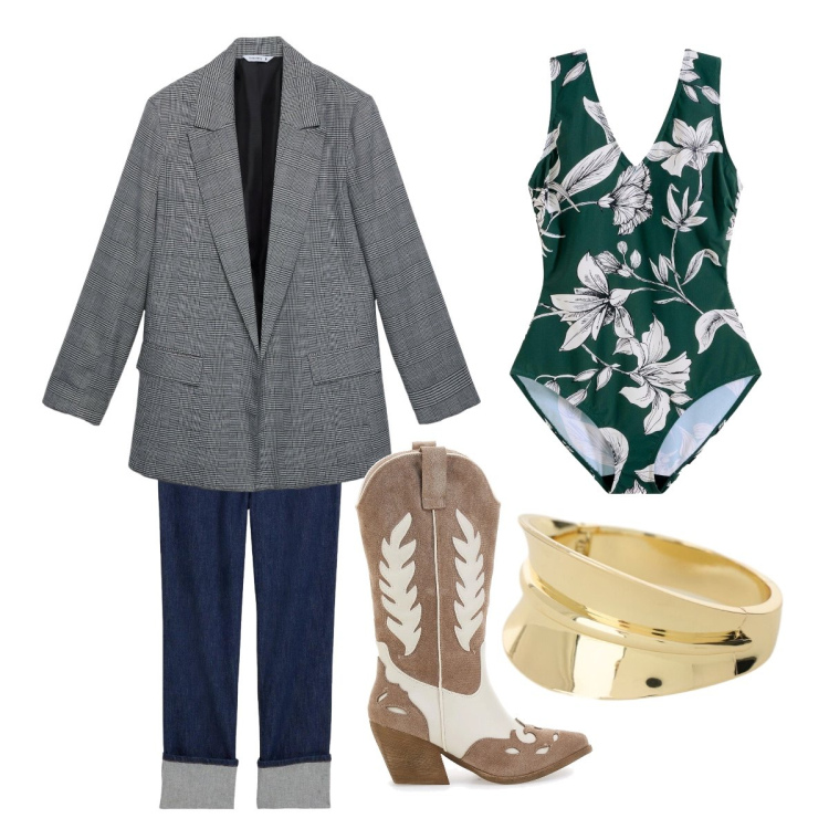Outfit donna - Multicolore a fiori. Stile Trendy per Scuola/Università. Abbinamento con costumi interi, jeans dritti, blazer, braccialetti, stivaletti texani.