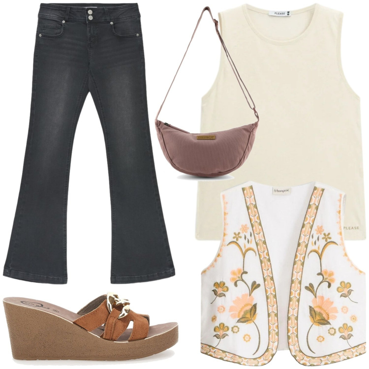 Outfit donna - Anni 70. Stile Vintage retrò per Tutti i giorni. Abbinamento con gilet, jeans bootcut, top, borse a tracolla, zeppe.