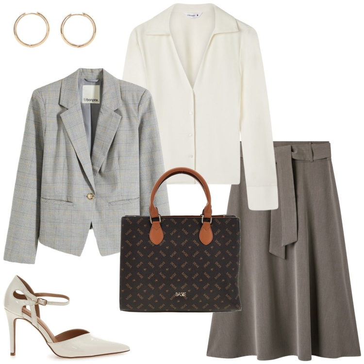 Outfit donna - Un outfit da ufficio. Stile Chic per Ufficio. Abbinamento con orecchini, blazer, gonne lunghe, camicie, décolleté, borse a mano.