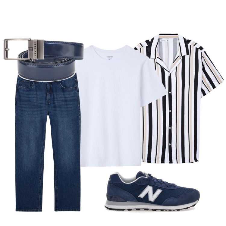 Outfit uomo - Giornata calda. Stile Casual per Tutti i giorni. Abbinamento con jeans dritti, camicie a manica corta, t-shirt, sneakers, cinture.