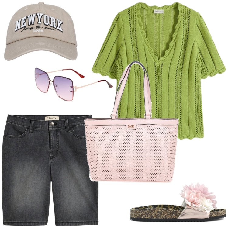 Outfit donna - Casual in un pomeriggio d\'estate. Stile Casual per Tutti i giorni. Abbinamento con bermuda, occhiali da sole, bluse, cappelli con visiera, borse a spalla, ciabatte.