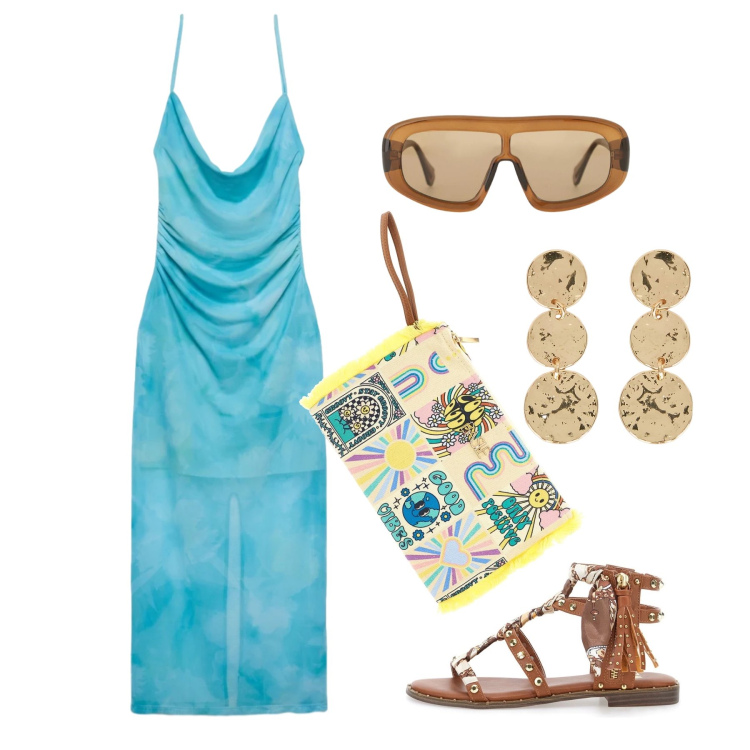 Outfit donna - Giugno. Stile Glamour per Tutti i giorni. Abbinamento con vestiti lunghi, occhiali da sole, orecchini, sandali, pochette.