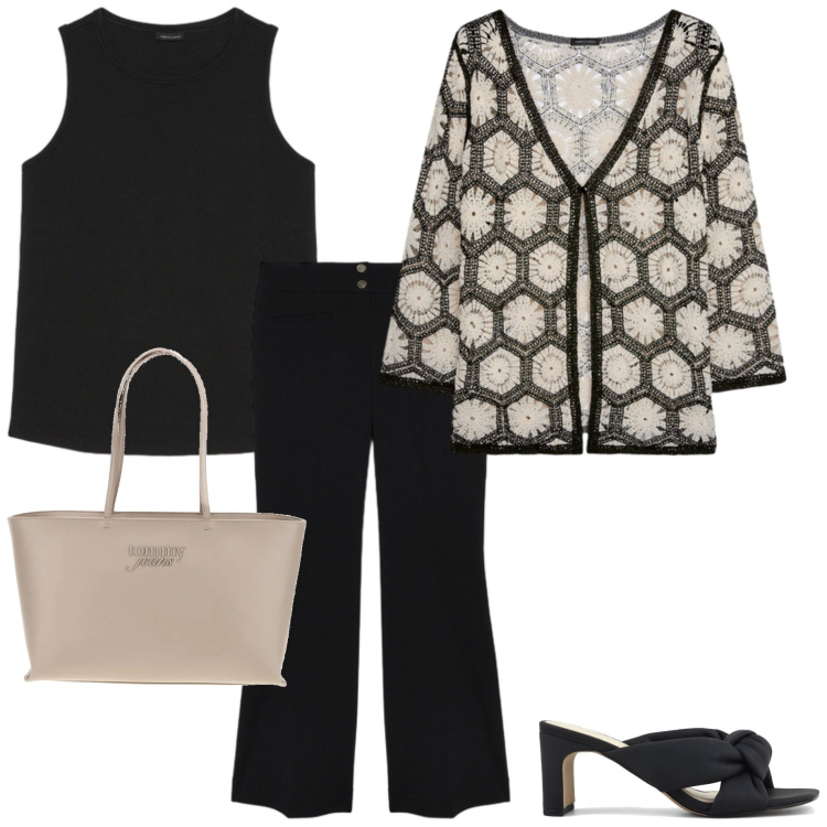 Outfit donna - Serata di giugno. Stile Casual chic per Serata fuori. Abbinamento con pantaloni, canottiere, cardigans, sandali col tacco, borse a spalla.