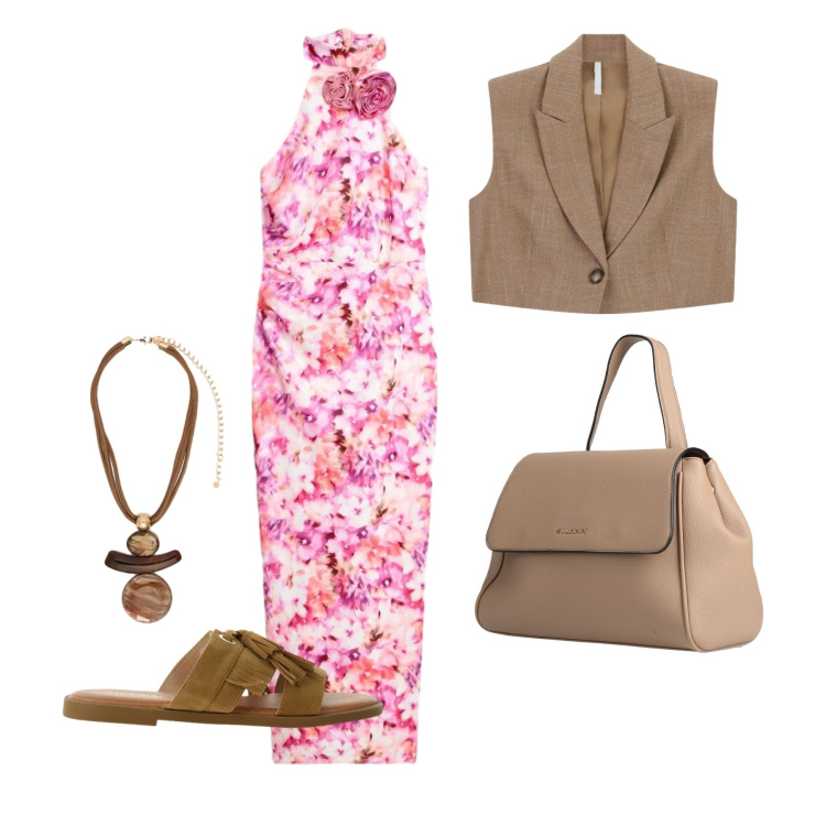 Outfit donna - Giugno. Stile Trendy per Tutti i giorni. Abbinamento con zaini, vestiti lunghi, sandali, gilet, ciondoli.