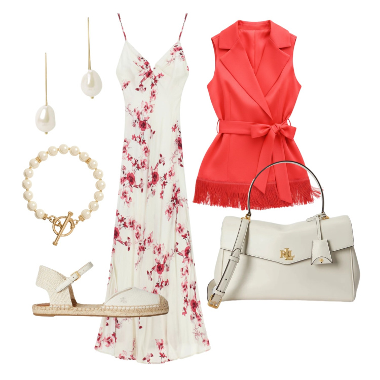 Outfit donna - Giugno. Stile Romantica per Tutti i giorni. Abbinamento con gilet, vestiti lunghi, espadrillas, collane, orecchini, borse a mano.