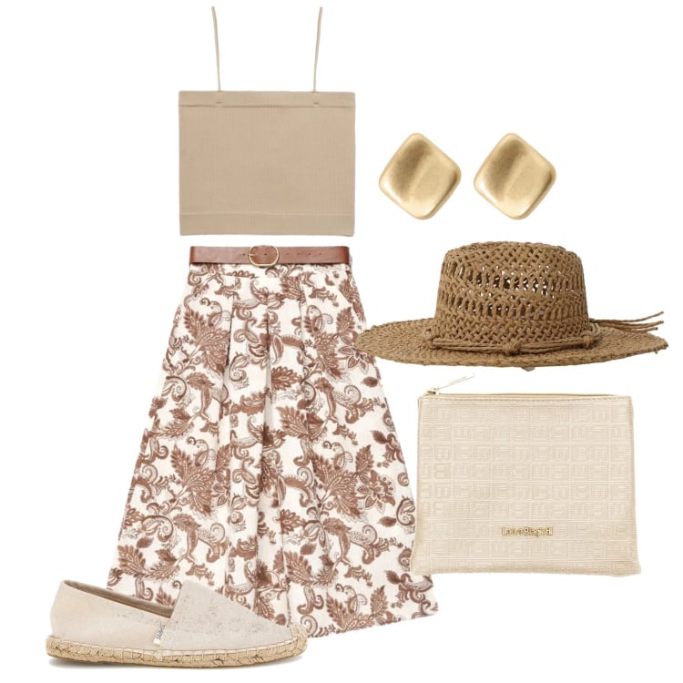 Outfit donna - Giugno. Stile Romantica per Tutti i giorni. Abbinamento con gonne lunghe, top, cappelli, orecchini, pochette, espadrillas.