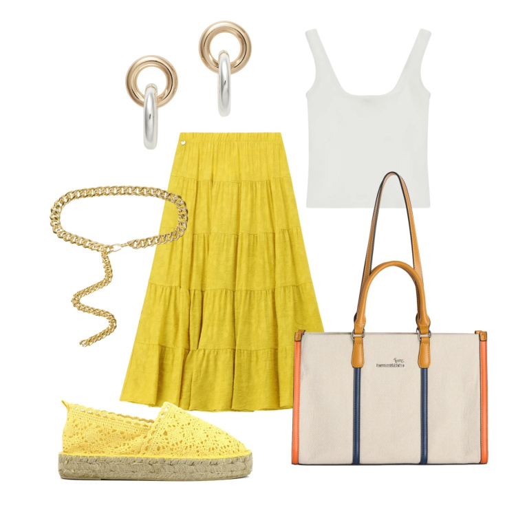 Outfit donna - Giugno. Stile Trendy per Tutti i giorni. Abbinamento con gonne lunghe, borse tote, top, cinture, orecchini, espadrillas.