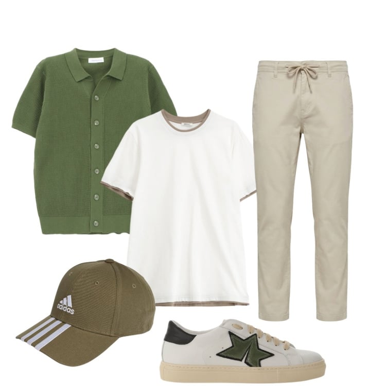 Outfit uomo - In ufficio. Stile Casual per Tutti i giorni. Abbinamento con t-shirt, sneakers, cardigans, pantaloni, cappelli con visiera.