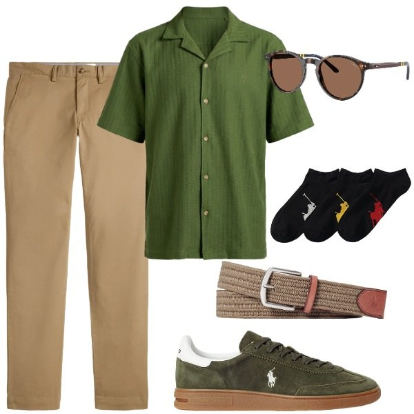 Outfit uomo - Total look #2414615. Abbinamento con camicie a manica corta, cinture, calzini, sneakers, occhiali da sole, pantaloni chino.