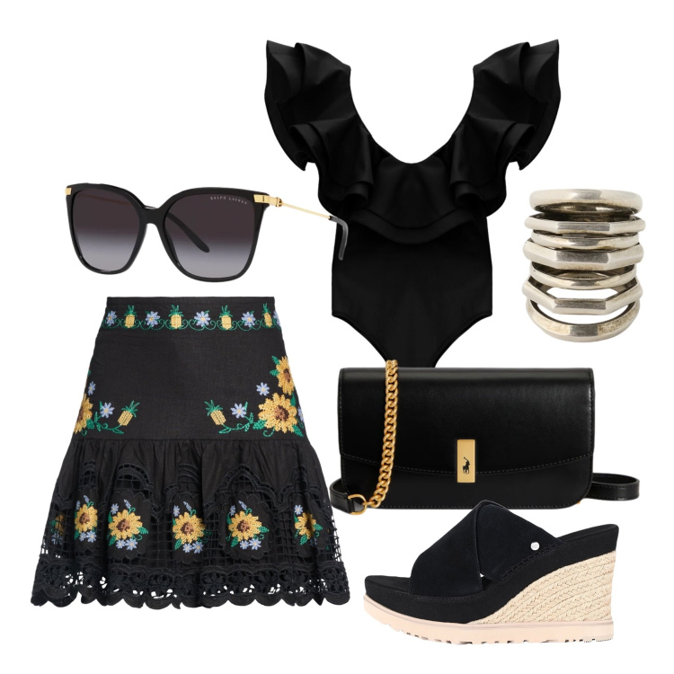 Outfit donna - Giugno. Stile Glamour per Tutti i giorni. Abbinamento con minigonne, espadrillas, top, occhiali da sole, clutch, anelli.