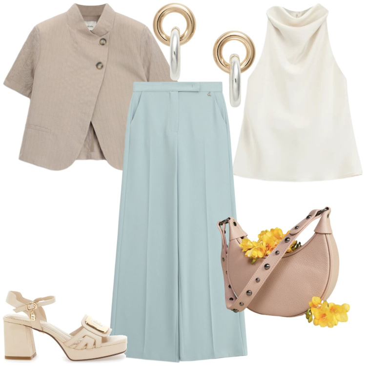 Outfit donna - Pantaloni palazzo seafoam. Stile Bon Ton per Cerimonia. Abbinamento con top, borse a spalla, blazer, pantaloni a palazzo, orecchini, sandali col tacco.