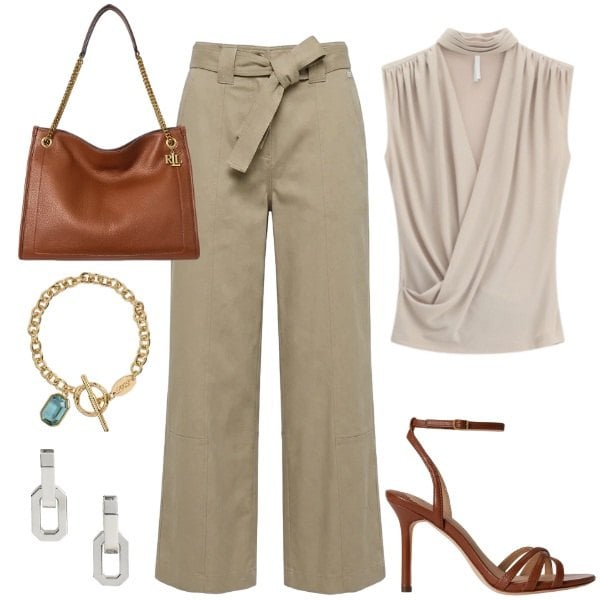Outfit donna - Total look #2414618. Abbinamento con top, pantaloni, borse tote, orecchini, sandali in pelle, braccialetti.