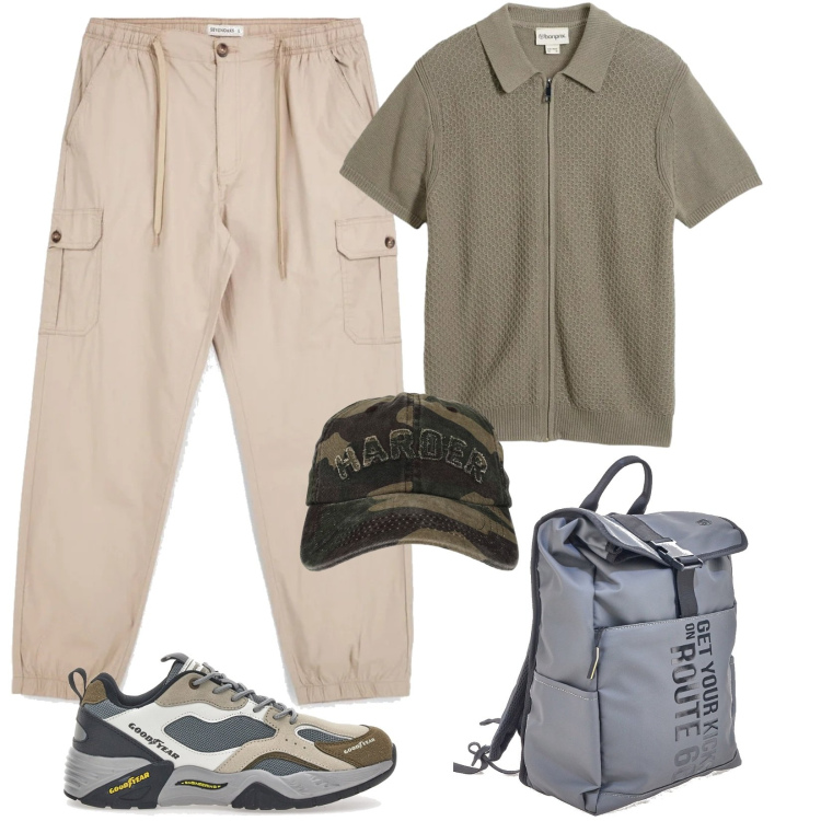 Outfit uomo - Weekend fuori porta. Stile Casual per Tutti i giorni. Abbinamento con polo, cappelli con visiera, sneakers, borse sportive, pantaloni cargo.
