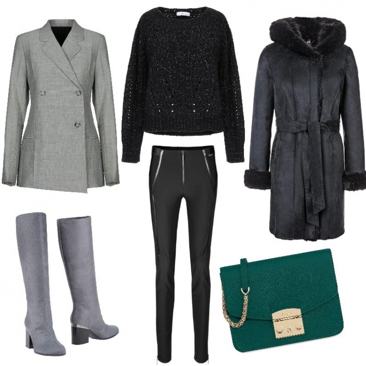 Outfit donna - Grigio e nero pelle. Stile Trendy per Scuola/Università. Abbinamento con stivali, borsa a tracolla mini a scatto interno foderato in pelle tinta unita, blazer, pullover lavorato a maglia collo tondo a maniche lunghe taglia media tinta unita, cappotto nero, pantalone sport nero.