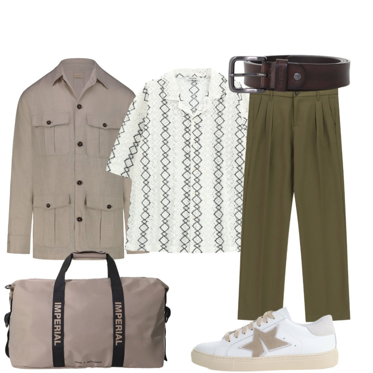 Outfit uomo - Week-end fuori porta. Stile Casual per Tutti i giorni. Abbinamento con pantaloni, borse sportive, cinture, sneakers, camicie a manica corta, cappotti.