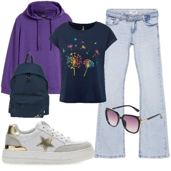 Outfit donna - Sbremba\'s Style. Abbinamento con t-shirt, felpe con cappuccio, occhiali da sole, jeans a zampa, sneakers, zaini.