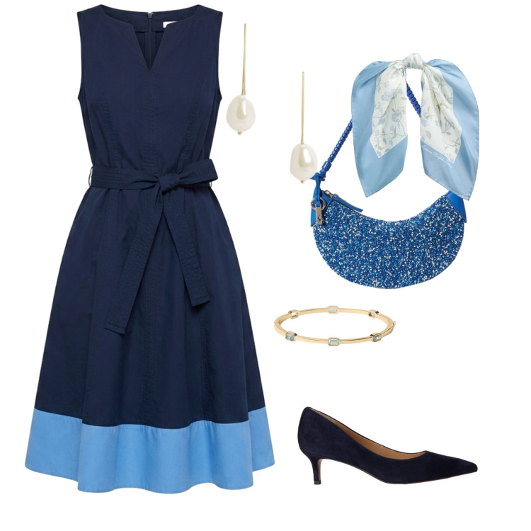 Outfit donna - Blu di Sera. Stile Romantica per Serata fuori. Abbinamento con vestiti senza maniche, décolleté, foulard, borse a spalla, orecchini, braccialetti.