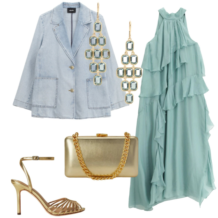 Outfit donna - Con il dorato. Stile Romantica per Cerimonia. Abbinamento con blazer, vestiti lunghi, clutch, sandali in pelle, orecchini.