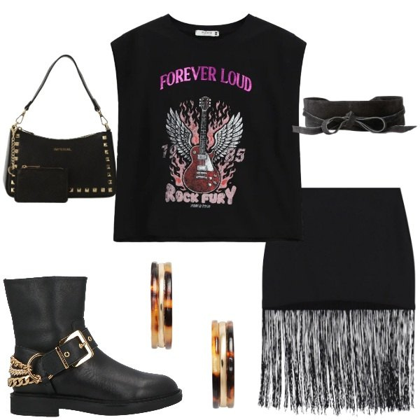 Outfit donna - Total look #2414625. Abbinamento con stivaletti, cinture, borse a spalla, minigonne, top, orecchini.