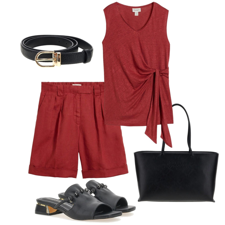 Outfit donna - Lino rosso deserto. Stile Casual chic per Serata fuori. Abbinamento con canottiere, bermuda, ciabatte, borse a spalla, cinture.