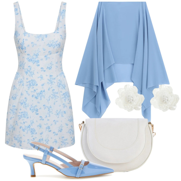 Outfit donna - Bon ton Blue. Stile Bon Ton per Cerimonia. Abbinamento con borse a tracolla, vestiti corti, cappe, orecchini, décolleté.