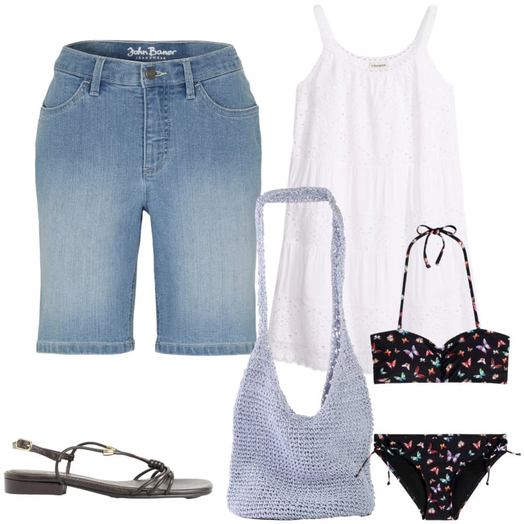 Outfit donna - Estate in volo. Stile Casual chic per Tutti i giorni. Abbinamento con bikini, sandali, vestiti, bermuda, shopping bag.