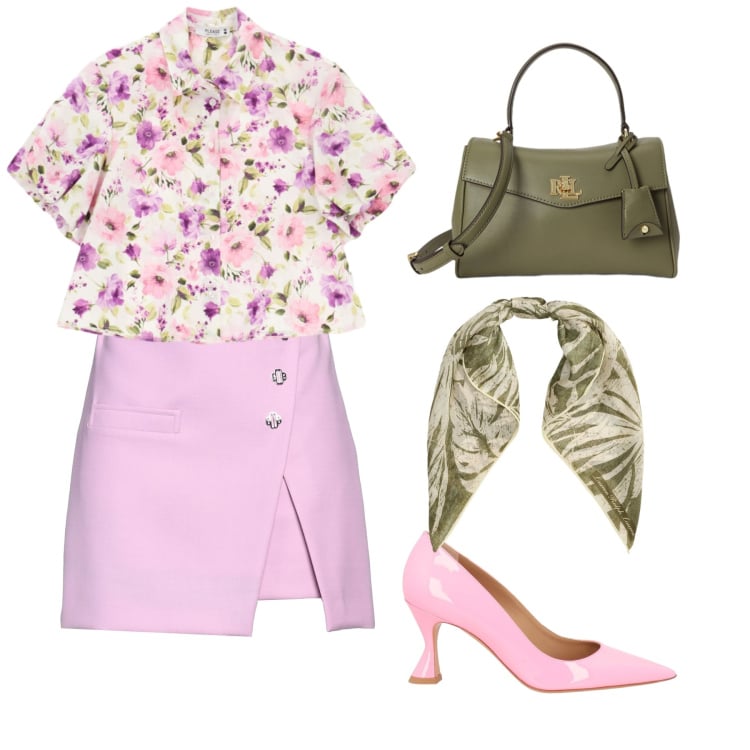 Outfit donna - Romantica estate in fiore. Stile Romantica per Serata fuori. Abbinamento con décolleté, minigonne, camicie a manica corta, foulard, borse a mano.