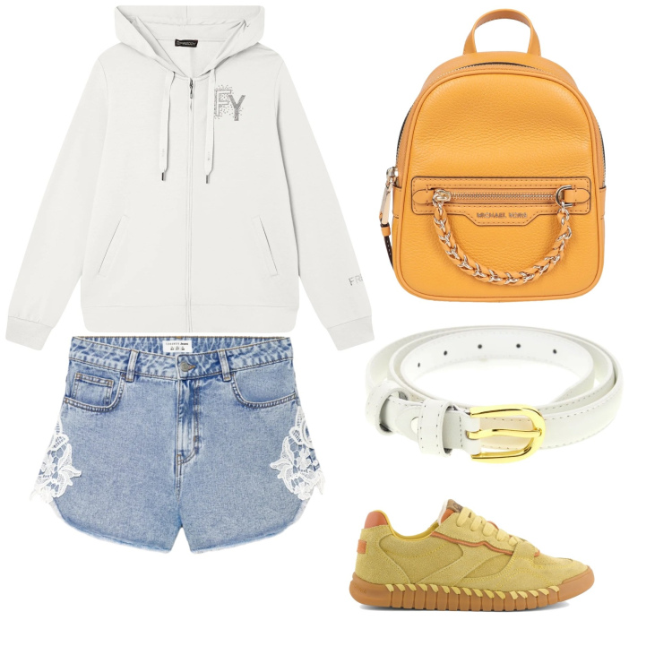 Outfit donna - Serata con la brezza marina. Stile Casual per Mare. Abbinamento con zaini, shorts, felpe con cappuccio, sneakers, cinture.